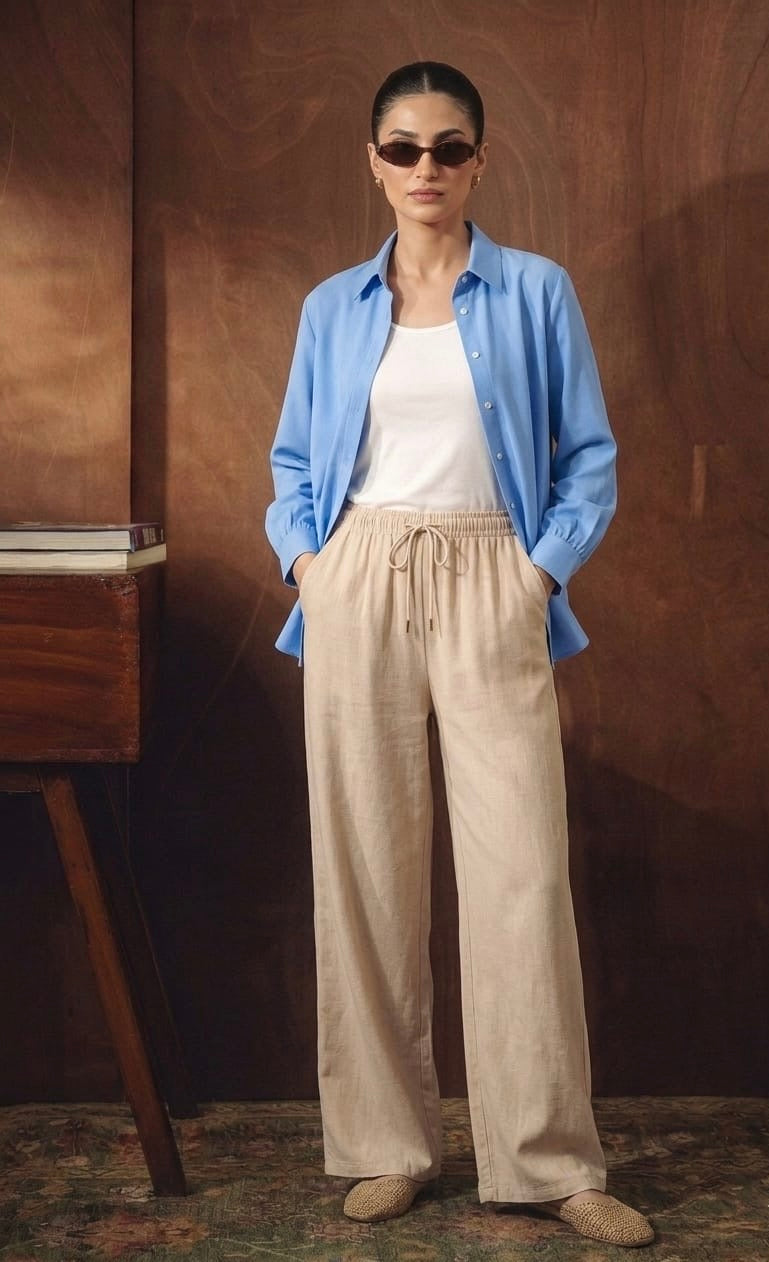 SKY BLUE BUTTON DOWN SHIRT WITH WHITE INNER & BEIGE FLAPPER TROUSER