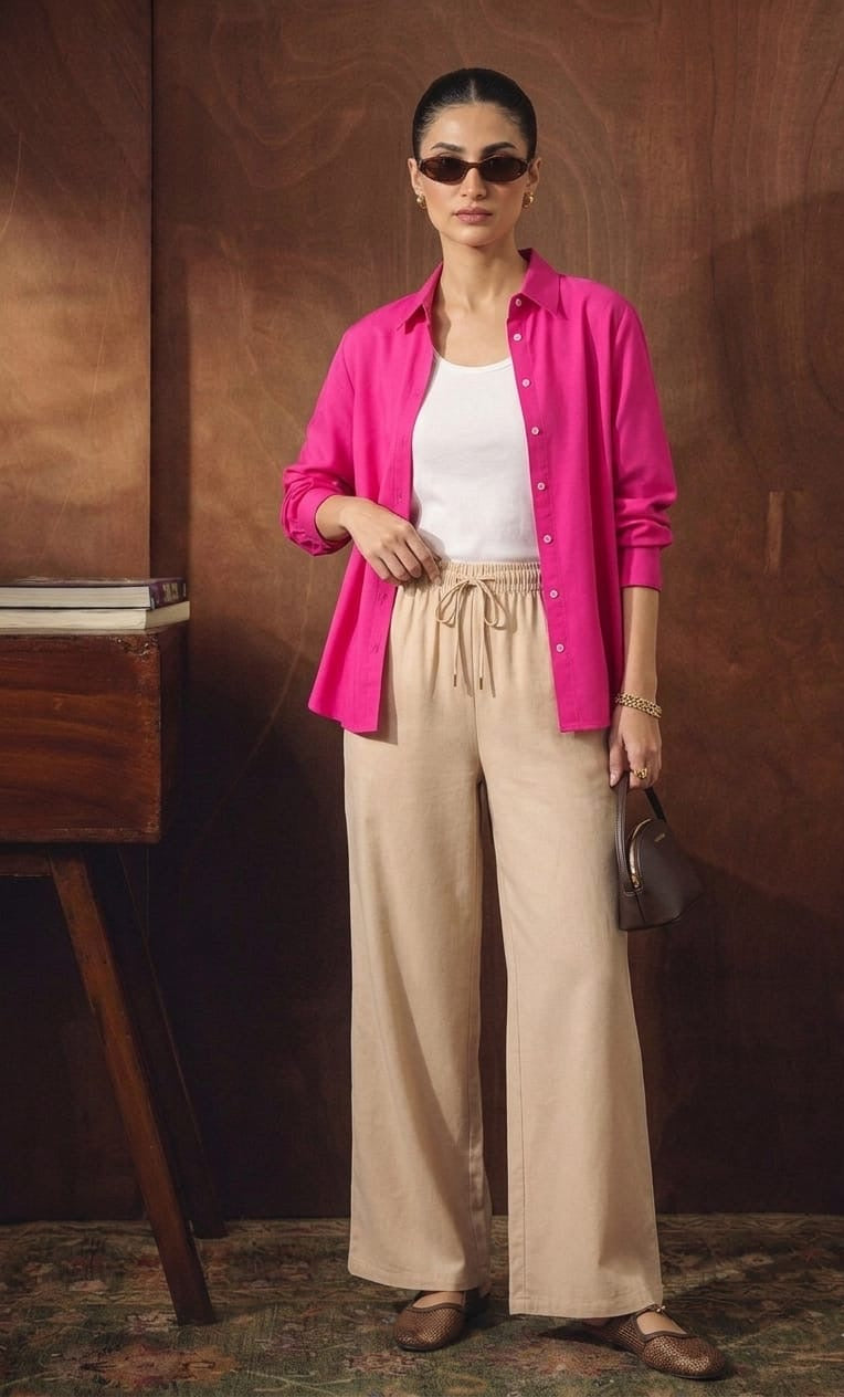 HOT PINK BUTTON DOWN SHIRT WITH WHITE INNER & BEIGE FLAPPER TROUSER
