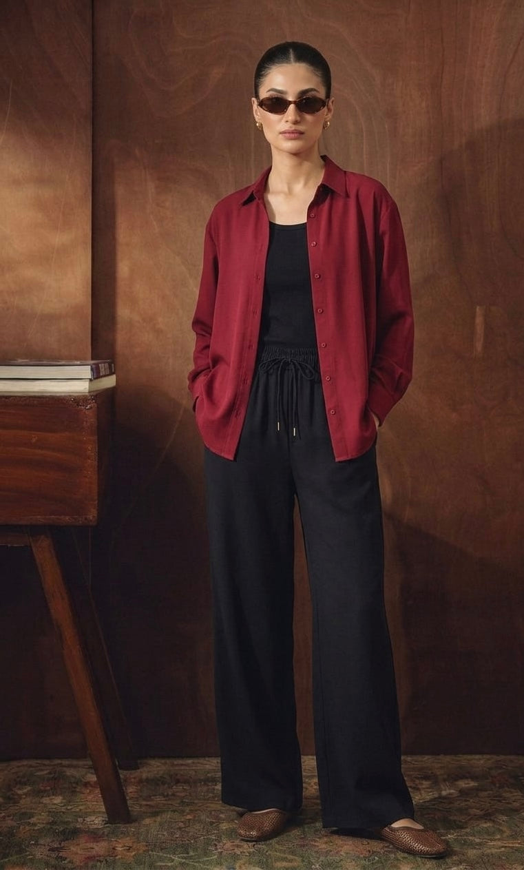 Maroon Button Down Shirt With Black Inner & Black Flapper Trouser