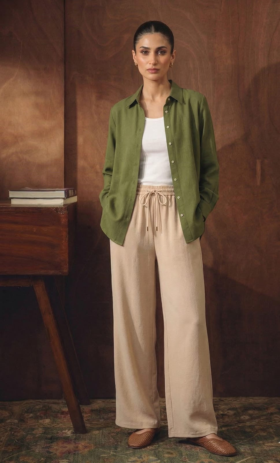 Olive Green Button Down Shirt With White Inner & Beige Flapper Trouser