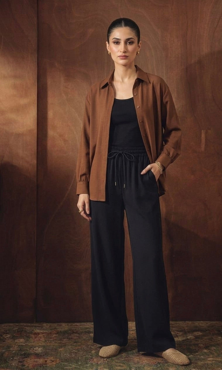 Brown Button Down Shirt With Black Inner & Black Flapper Trouser