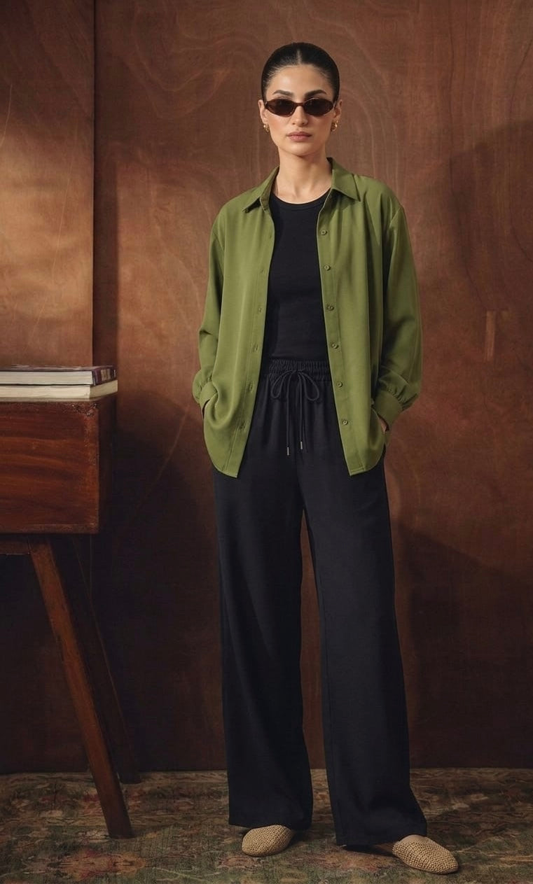 Olive Green Button Down Shirt With Black Inner & Black Flapper Trouser