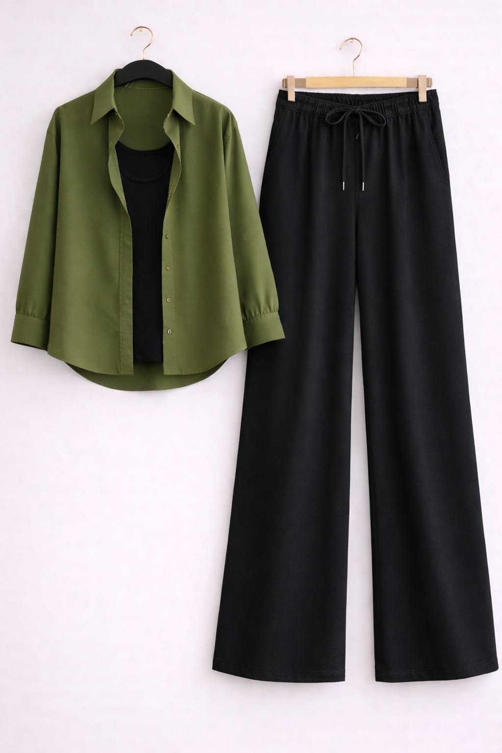 Olive Green Button Down Shirt With Black Inner & Black Flapper Trouser