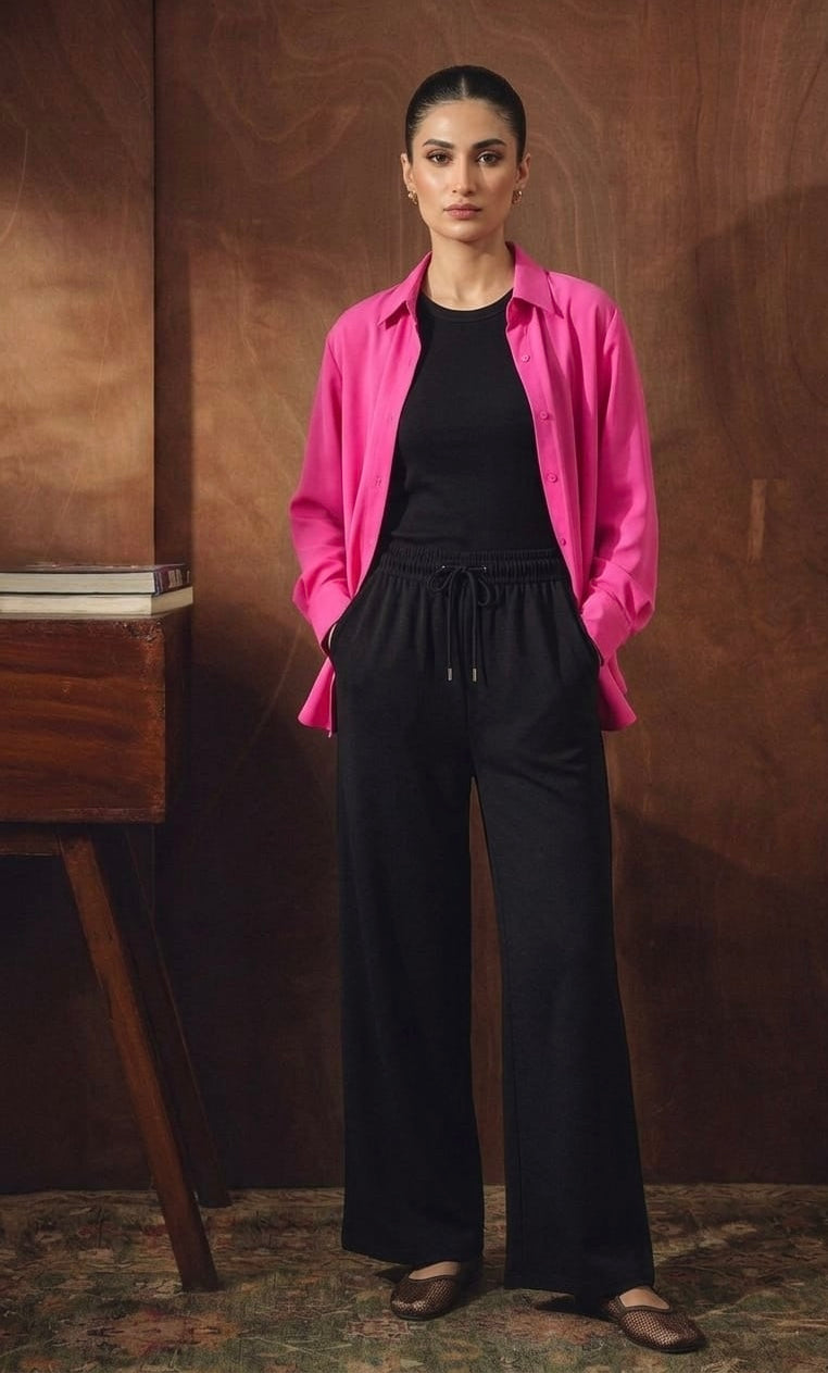 Hot Pink Button Down Shirt With Black Inner & Black Flapper Trouser