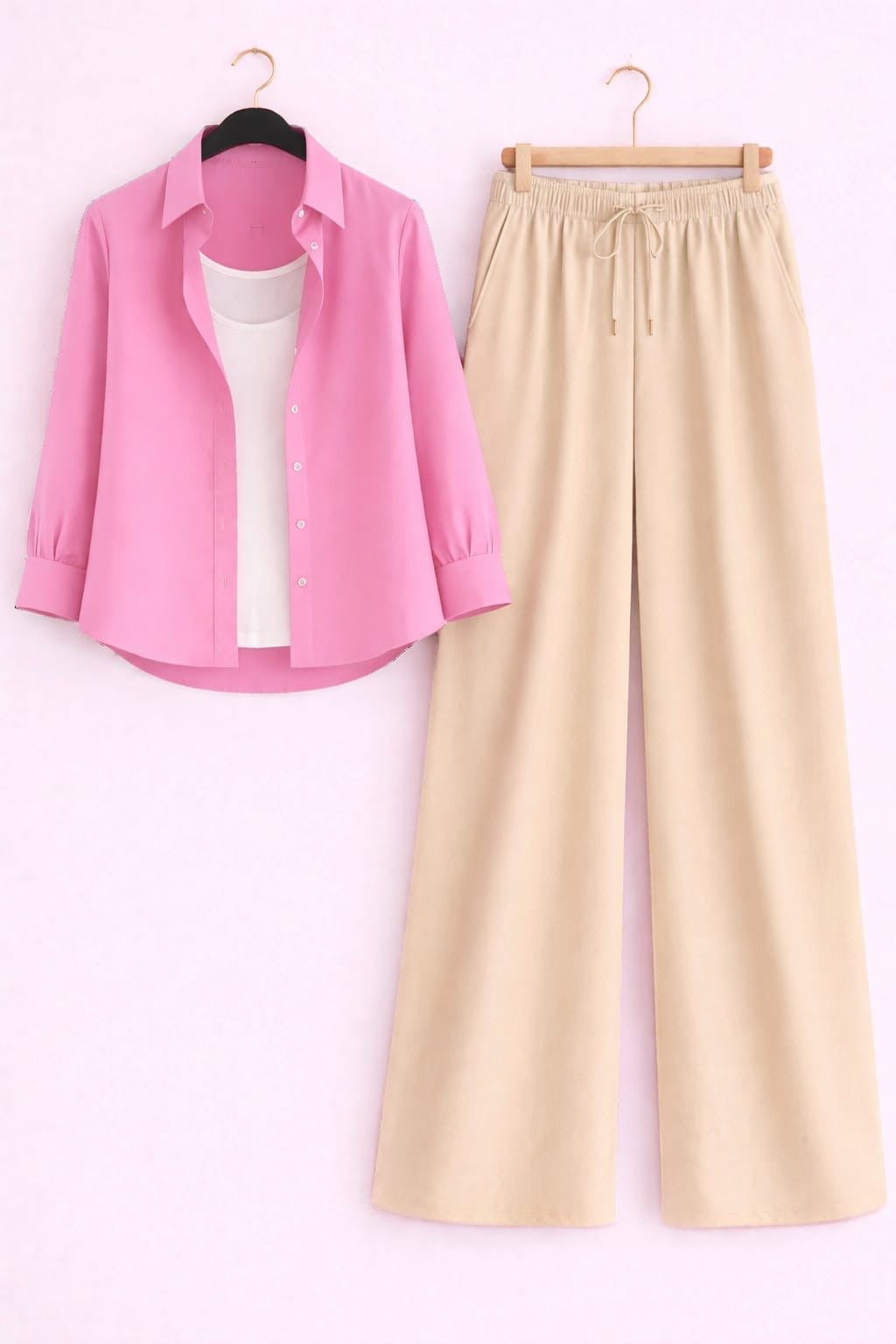 BABY PINK BUTTON DOWN SHIRT WITH INNER & BEIGE FLAPPER TROUSER