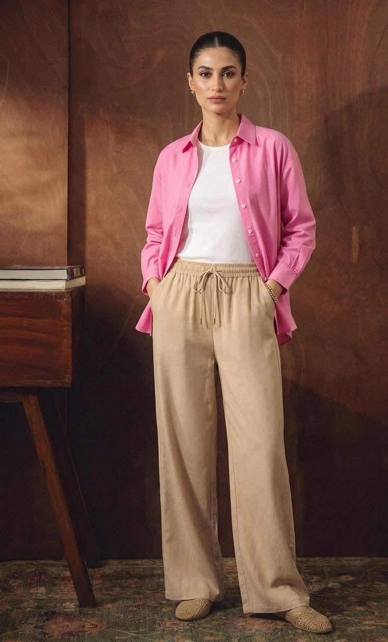 BABY PINK BUTTON DOWN SHIRT WITH INNER & BEIGE FLAPPER TROUSER