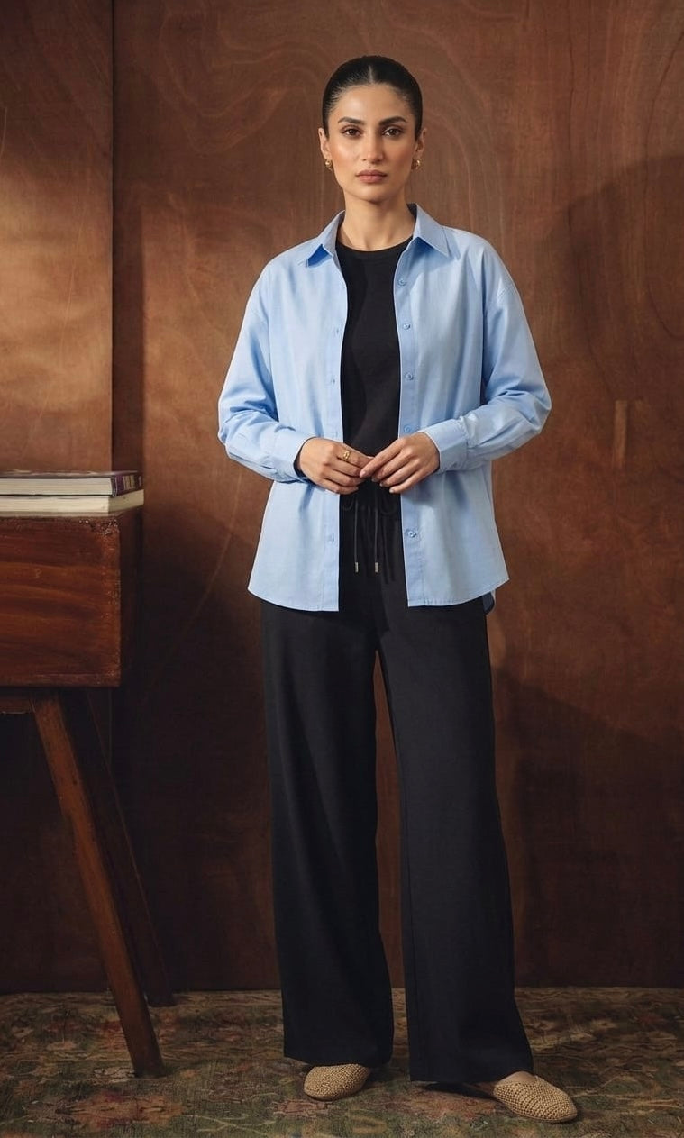 SKY BLUE BUTTON DOWN SHIRT WITH BLACK INNER & BLACK FLAPPER TROUSER