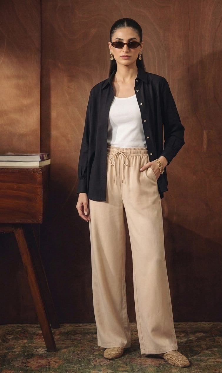 BLACK BUTTON DOWN SHIRT WITH WHITE INNER & BEIGE FLAPPER TROUSER