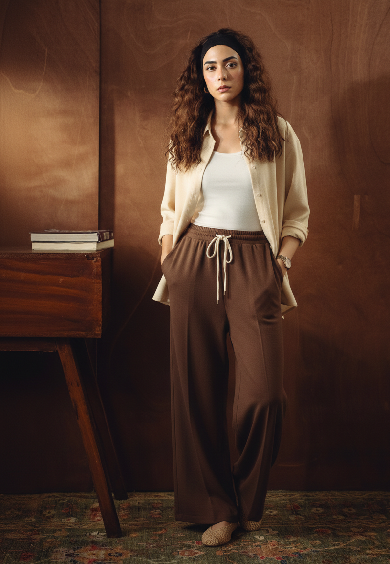 BEIGE BUTTON DOWN WITH INNER & BROWN FLAPPER TROUSER