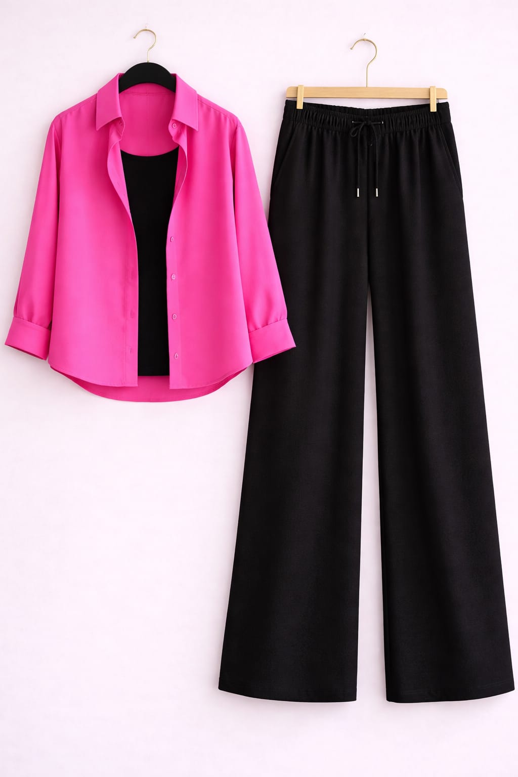 Hot Pink Button Down Shirt With Black Inner & Black Flapper Trouser