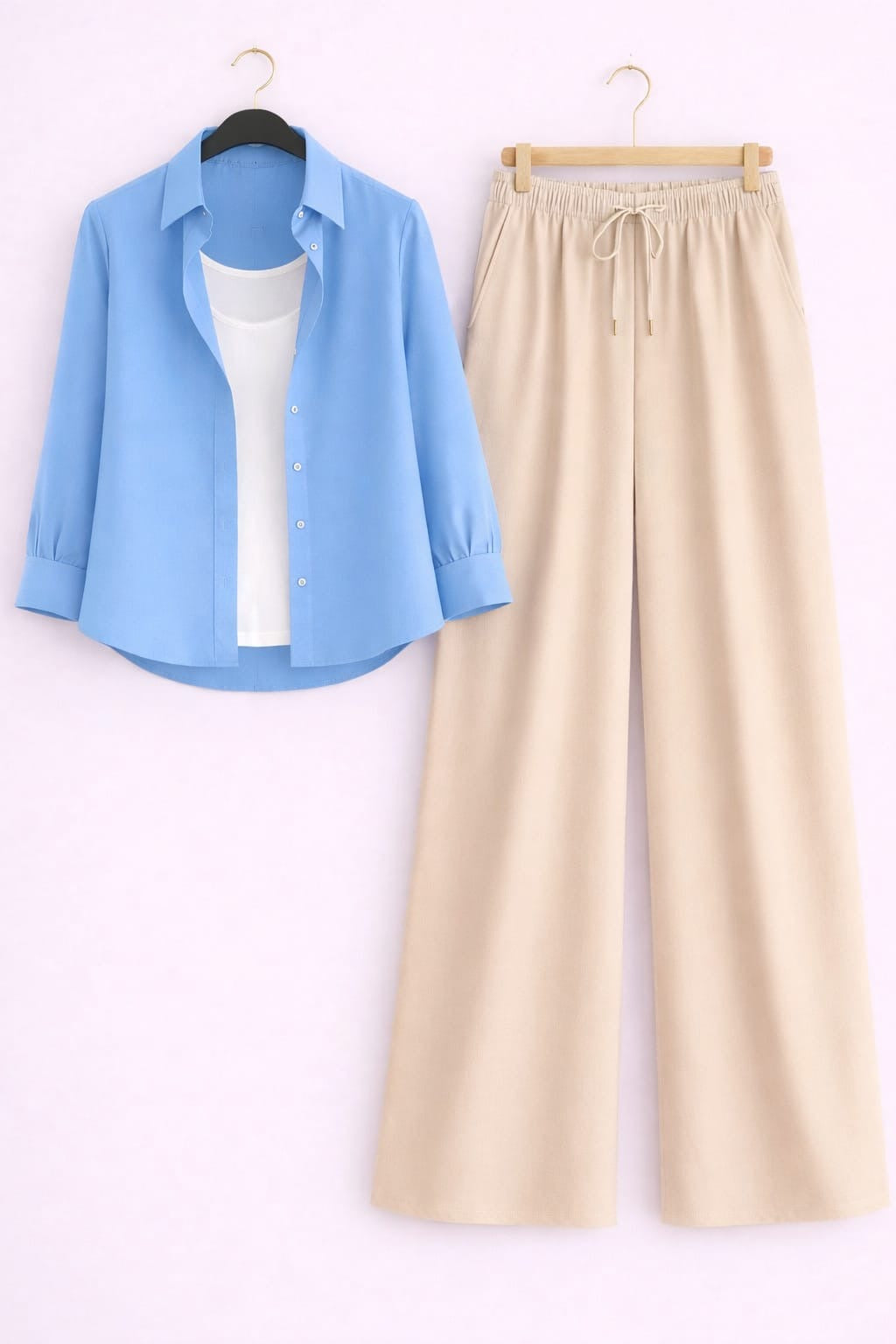 SKY BLUE BUTTON DOWN SHIRT WITH WHITE INNER & BEIGE FLAPPER TROUSER