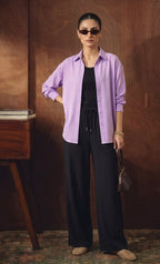 Lilac Button Down Shirt With Black Inner & Black Flapper Trouser