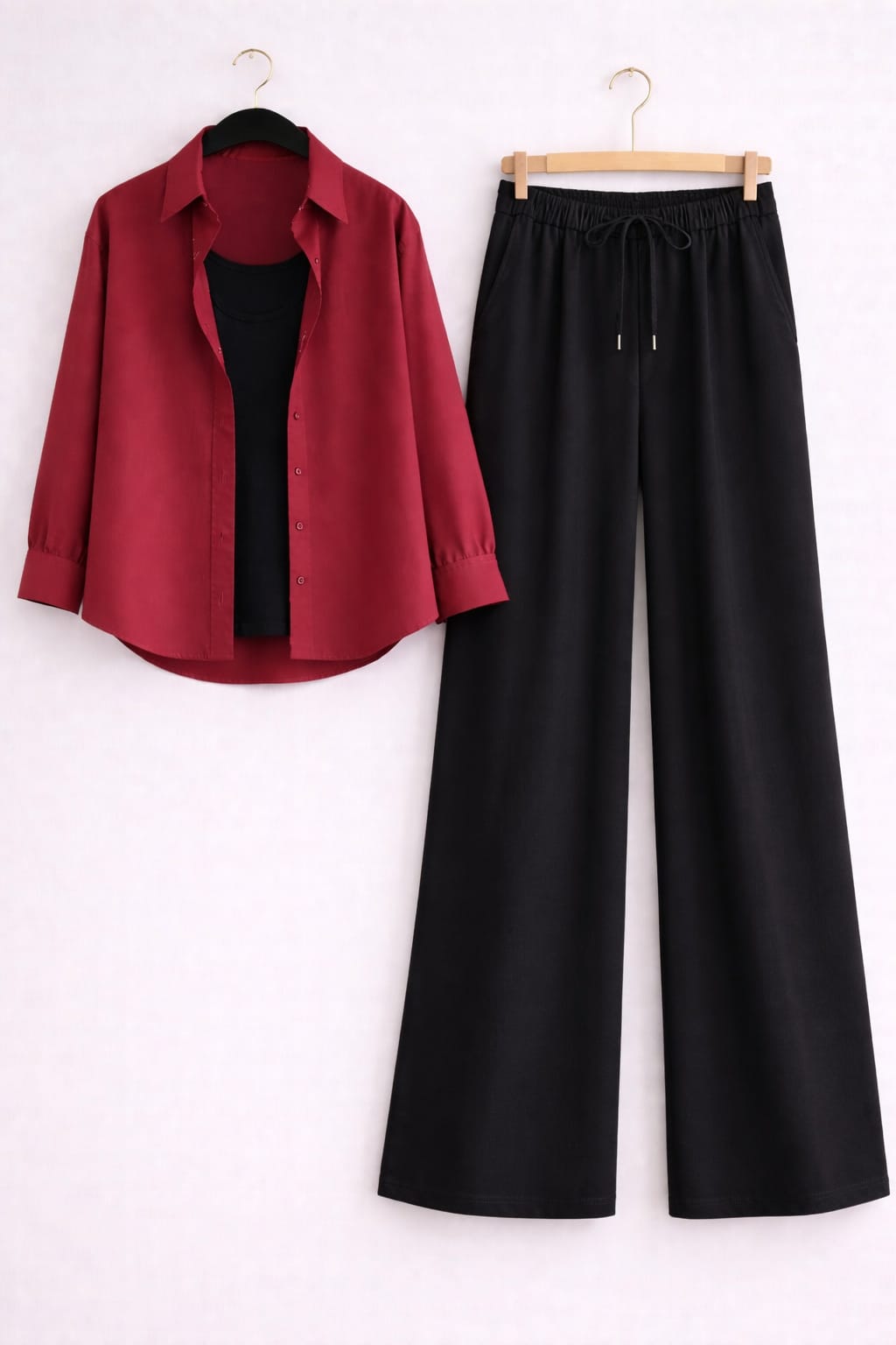Maroon Button Down Shirt With Black Inner & Black Flapper Trouser